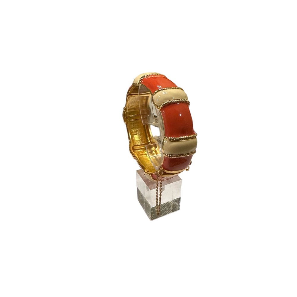 Enamel Bangle with security closure, orange/apricot, cream/ivory, and gold tone